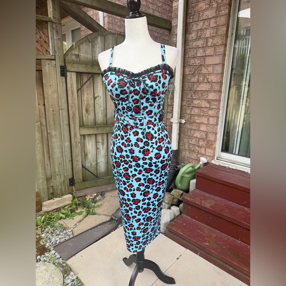 OOAK Katakomb Jessica Louise Blue Leopard Pencil Dress - Picture 1 of 5
